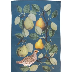 Partridge in A Pear Tree Antique Print Tea Towel Blue